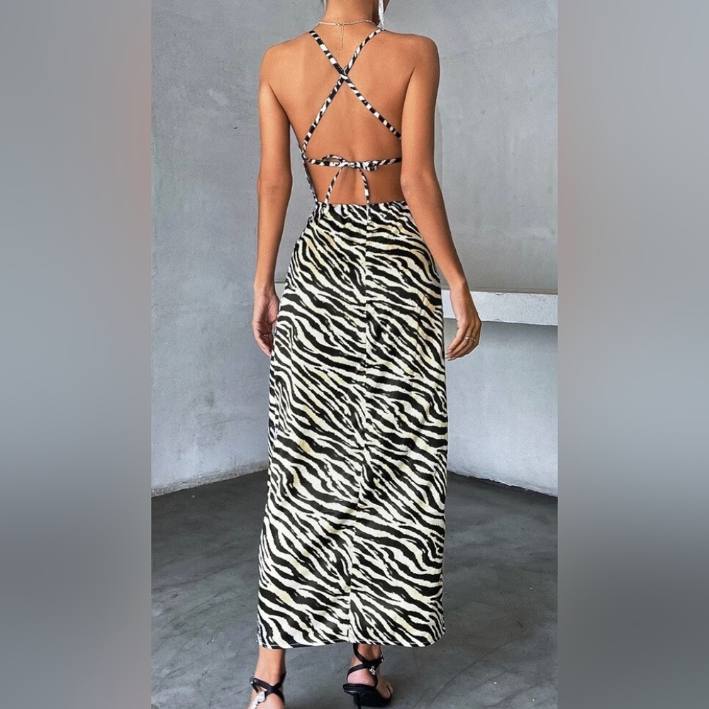 Never Worn Striped Criss CrossKnot Backless Satin Dress